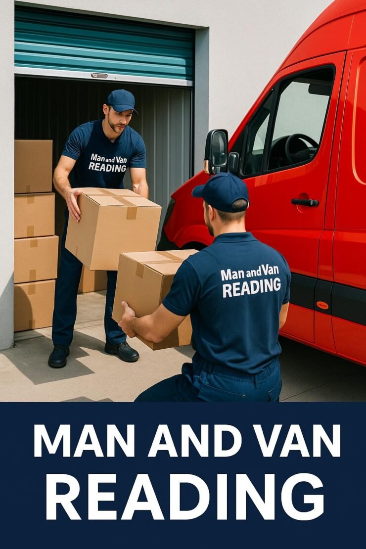 Two professional movers from Man and Van Reading loading boxes from a storage unit in Reading.