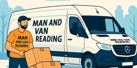 Illustration of Man and Van Reading worker in an orange shirt loading furniture and household items into a white long-wheelbase Sprinter van during a house and flat clearance