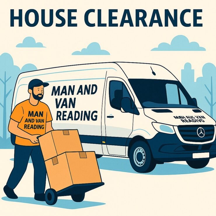 Illustration of Man and Van Reading worker in an orange shirt loading furniture and household items into a white long-wheelbase Sprinter van during a house and flat clearance