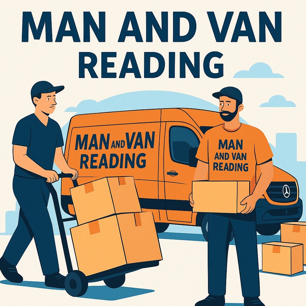 Illustrated Man and Van Reading orange van with movers carrying boxes