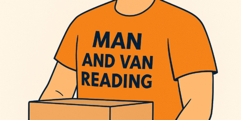 Illustration of a Man and Van Reading mover in an orange t-shirt lifting a box with the website manwithvanreading.co.uk displayed above.