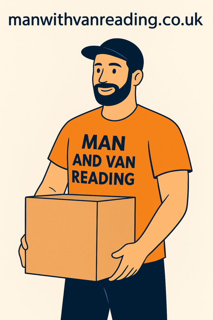 Illustration of a Man and Van Reading mover in an orange t-shirt lifting a box with the website manwithvanreading.co.uk displayed above.