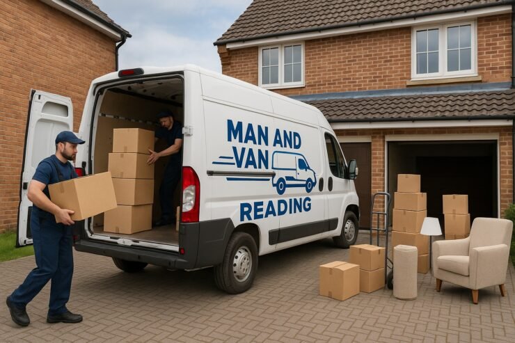 Man and Van Reading team moving a 3-bedroom house with two garages — professional movers loading boxes into a branded white van