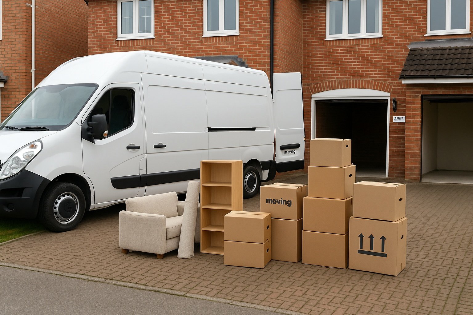 Man and Van Reading completing a small house move from a 1-bedroom flat — movers loading boxes and furniture into a white van in Reading.