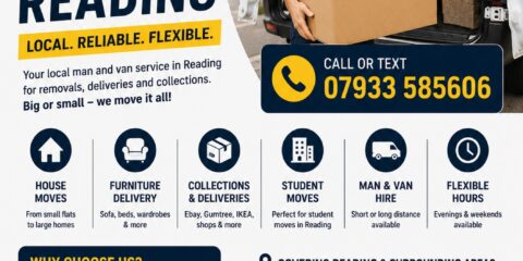 Man and Van Reading same day removals flyer with removals van and professional mover holding boxes
