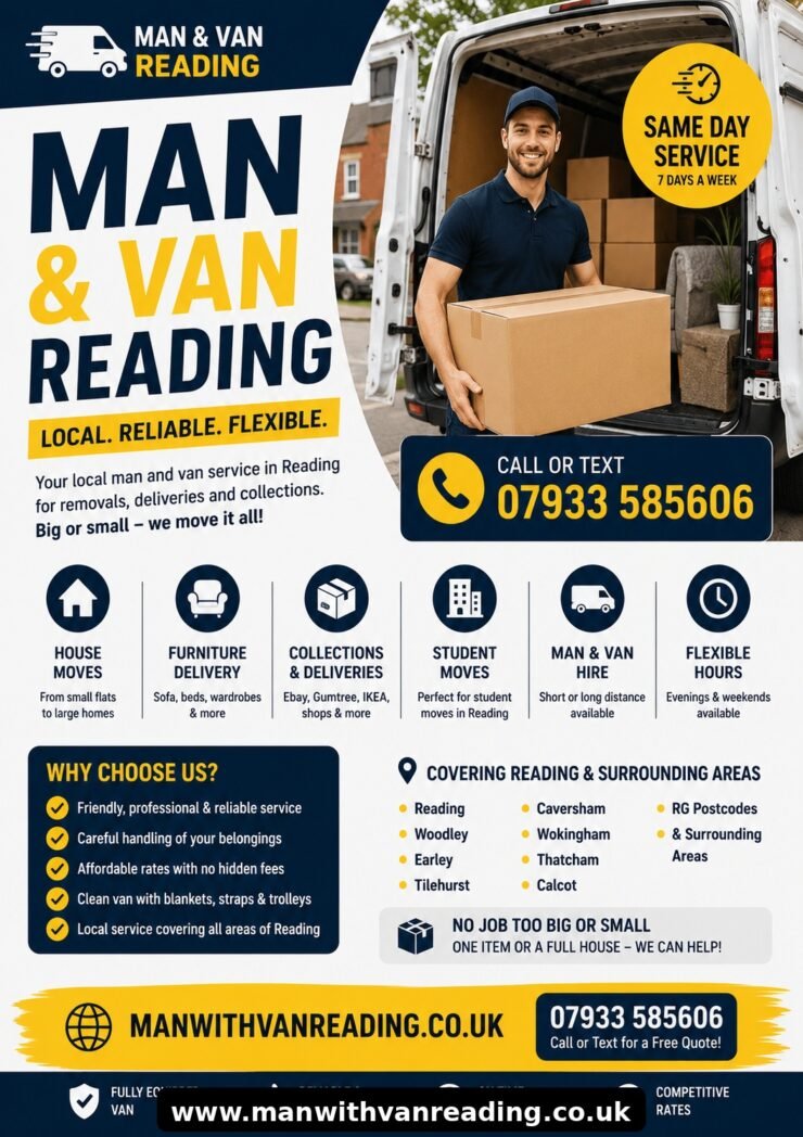 Man and Van Reading same day removals flyer with removals van and professional mover holding boxes